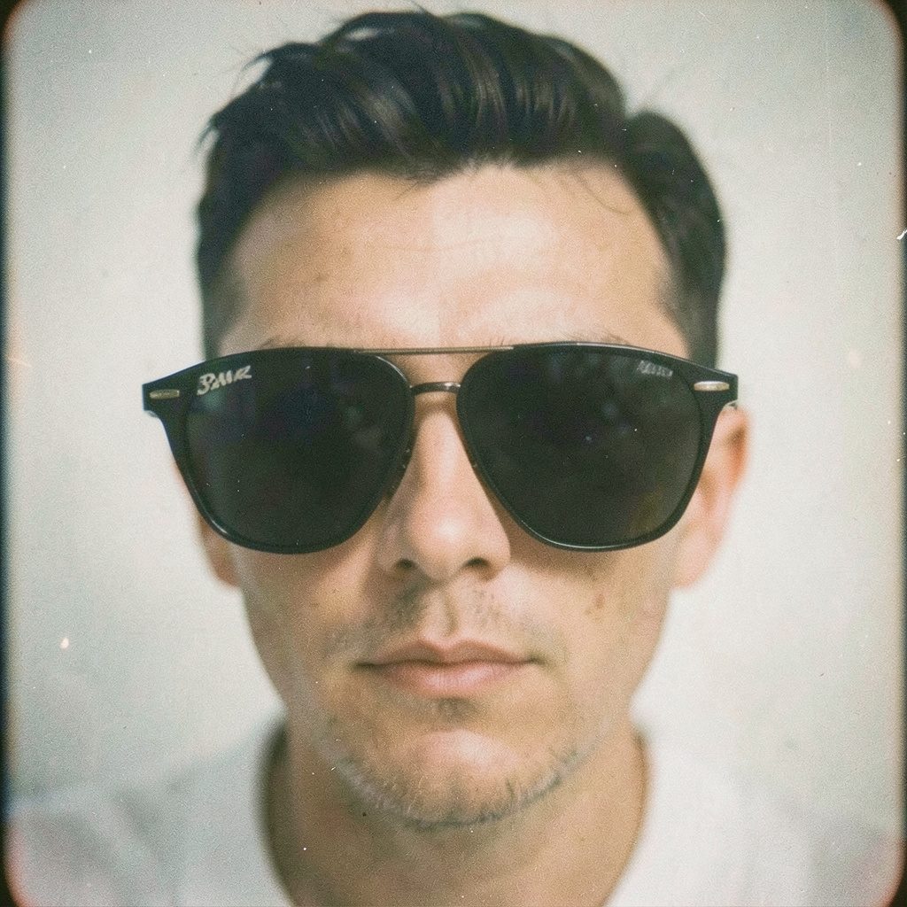 Close-up film photograph of classic sunglasses with dark lenses, warm amber reflections, soft grain, lifestyle product shot
