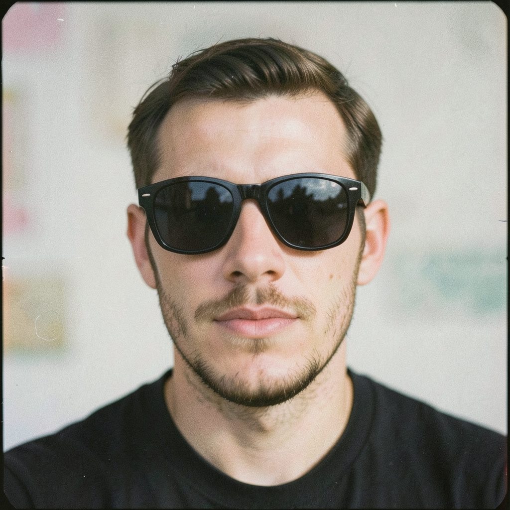 Film photograph of a man wearing stylish sunglasses outdoors, golden hour light, warm earthy tones, relaxed confident mood